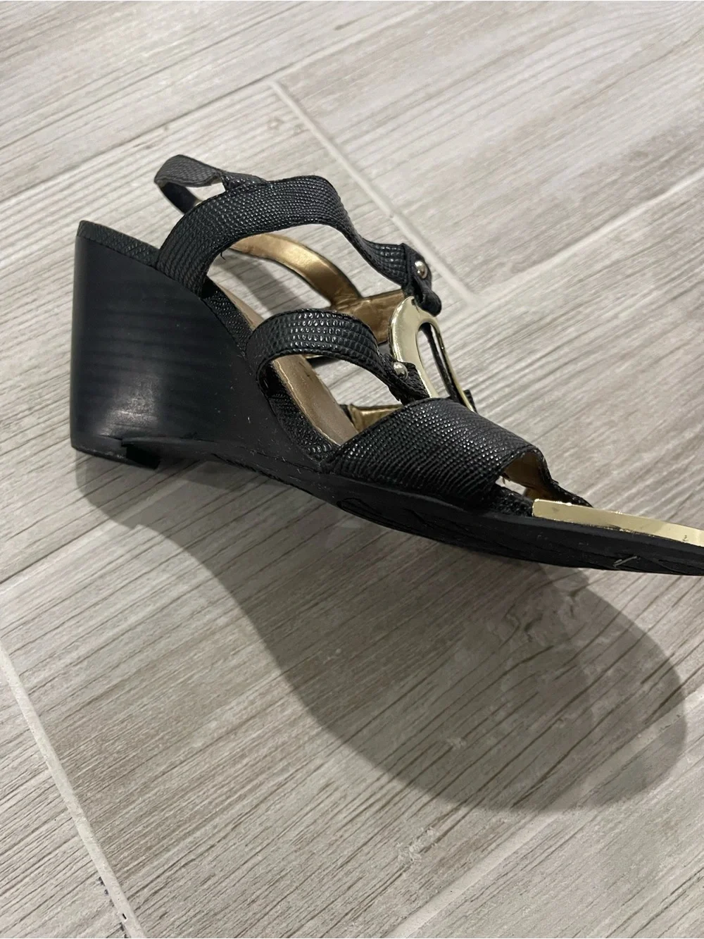 Anne Klein Black Wedge Sandals with Gold Accent